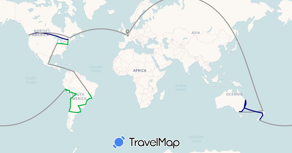 TravelMap itinerary: driving, bus, plane in Argentina, Australia, Bolivia, Brazil, Canada, Chile, France, Mexico, New Zealand, Peru, United States, Uruguay, Venezuela (Europe, North America, Oceania, South America)
