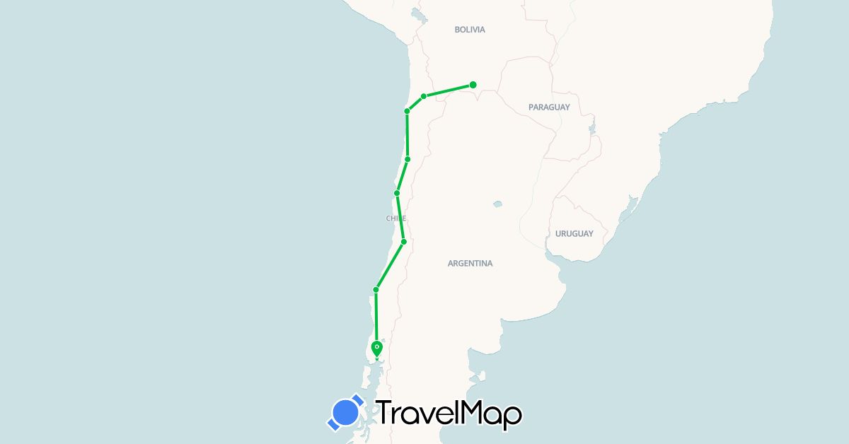 TravelMap itinerary: driving, bus in Bolivia, Chile (South America)
