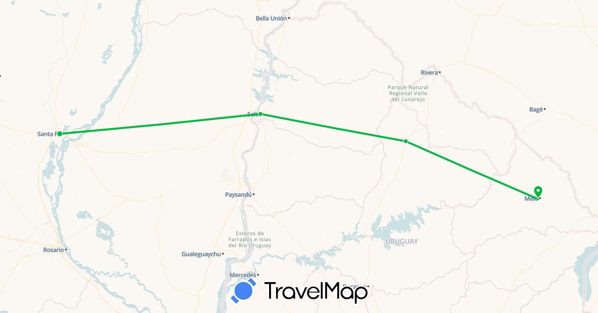 TravelMap itinerary: driving, bus in Argentina, Uruguay (South America)
