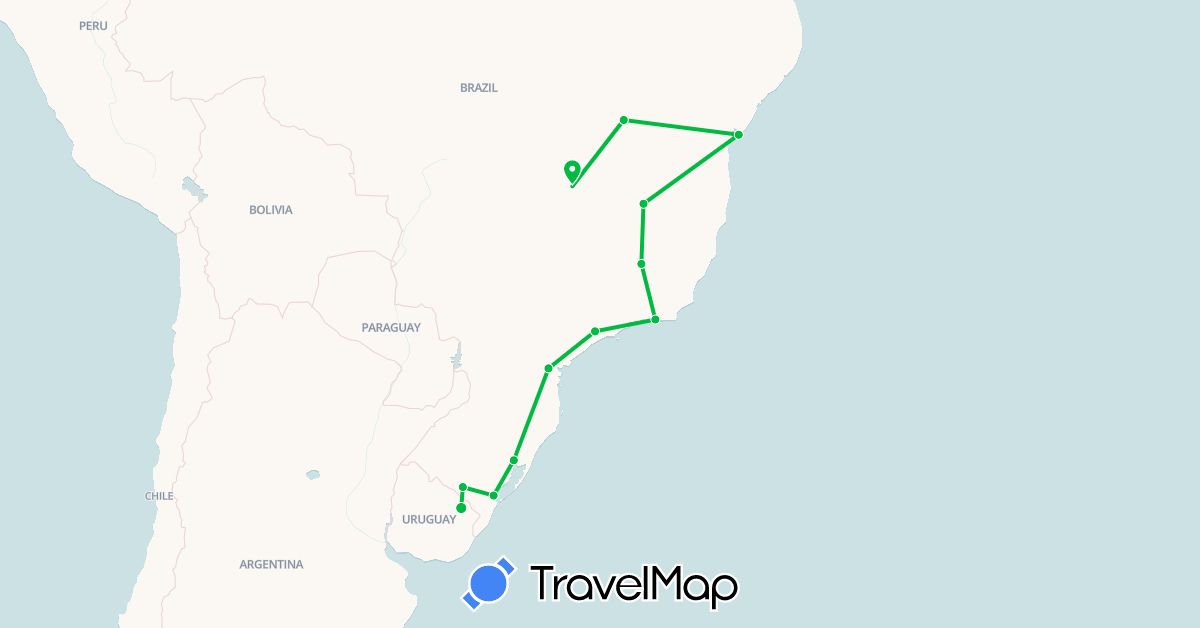 TravelMap itinerary: driving, bus in Brazil, Uruguay (South America)