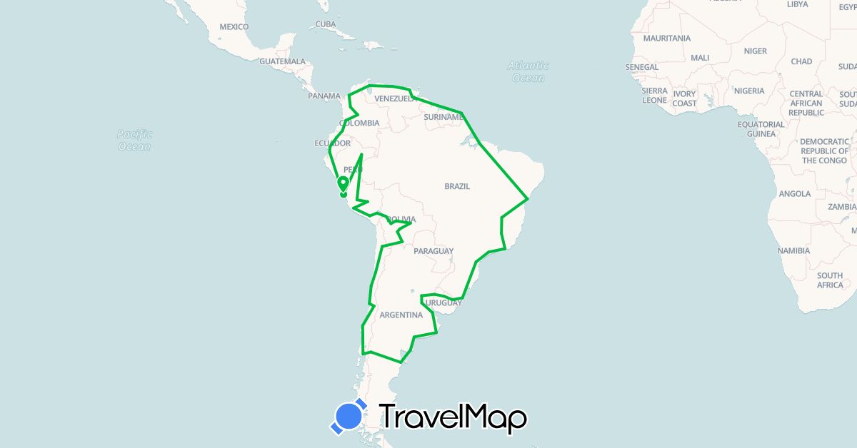 TravelMap itinerary: driving, bus in Argentina, Bolivia, Brazil, Chile, Colombia, Ecuador, French Guiana, Guyana, Peru, Suriname, Uruguay, Venezuela (South America)